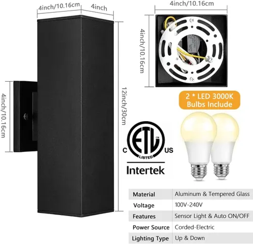 Vista 3 de SHIMR Luces de pared para exteriores modernas al atardecer al amanecer, aplique exterior cuadrado negro mate con bombillas incluidas, iluminación