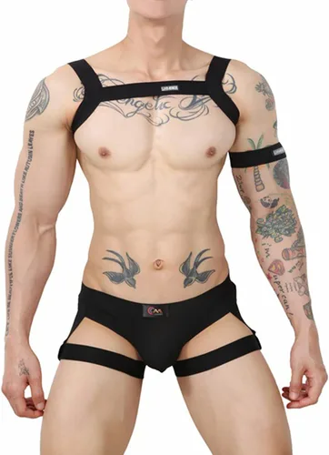 Vista 2 de Conjunto de lencería sexy de nailon para hombre, con cinturón y liguero