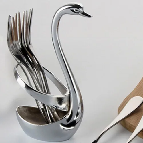 Vista 4 de Soporte de cuchara de café Swan, soporte creativo de cuchara de acero inoxidable, tenedor de comida de frutas, cuchara, cuchillo, base de cisne