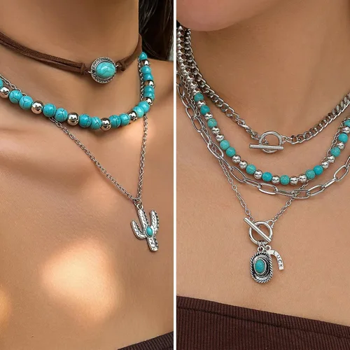 Vista 2 de IFKM Bohemian Jewelry Set With Turquoise Necklace, Dangle Earrings, Stackable Bangle Bracelets, Knuckle Rings For Women Vintage Western Boho