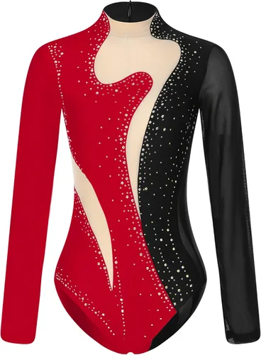 Vista 18 de iiniim Leotardo de malla para mujer, con diamantes de imitación, de malla, de manga larga, leotardos de gimnasia