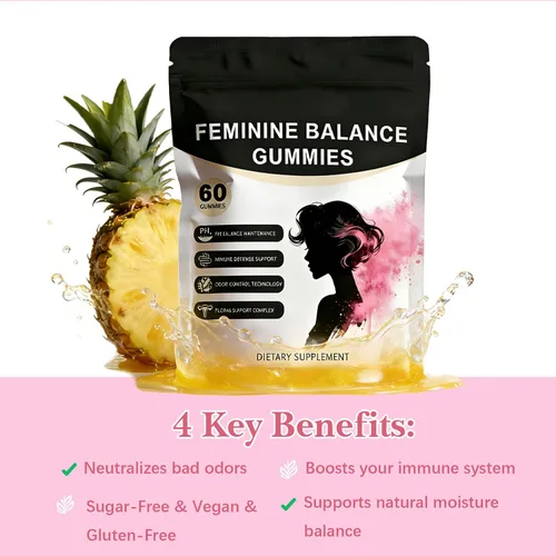 Vista 2 de Gomitas de equilibrio femenino prémium para mujer, sabor a piña hawaiana, equilibrio diario del pH y apoyo de frescura, gomitas veganas sin azúcar