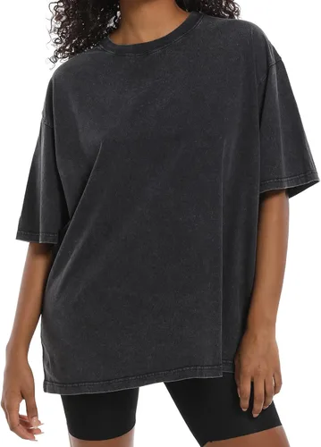 Vista 3 de Camisetas de gran tamaño para mujer, estilo vintage, lavado ácido, básicas, holgadas, holgadas, camisetas de algodón para entrenamiento