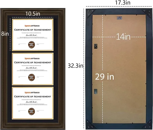 Vista 5 de Marco de tres certificados de 14 x 29 pulgadas con paspartú doble negro sobre dorado para (3) diplomas/grados de 8.5 x 11 pulgadas, ganchos