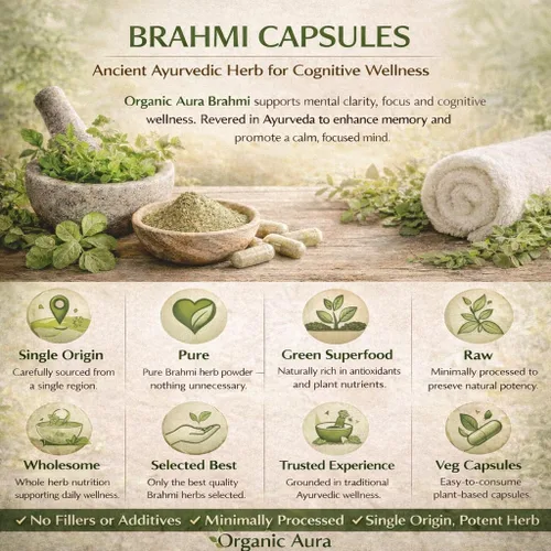 Vista 6 de Organic Aura Cápsulas Brahmi -120 unidades. Fortalece y aumenta naturalmente la inmunidad y la memoria. Superalimento verde entero. Sin OMG, sin