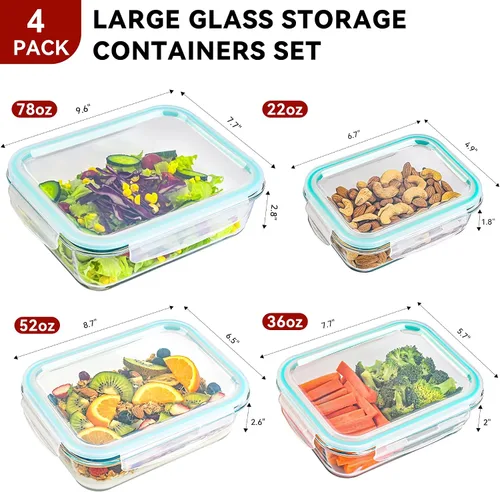 Vista 14 de GEHE Paquete de 4 recipientes grandes de almacenamiento de vidrio con tapas herméticas, recipientes de almacenamiento de alimentos de 78/52/36/22