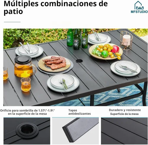 Vista 4 de MFSTUDIO Juego de comedor al aire libre para 6 con agujero para paraguas Patrón de red
