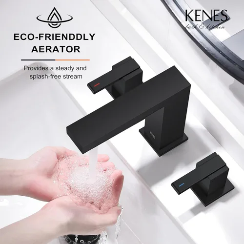 Vista 4 de KENES Grifo de Baño Extendido Negro Mate de Dos Manijas, Grifos de Lavabo de Baño Negro de 3 Orificios, 8 Pulgadas, Grifo de Tocador de Baño de 3