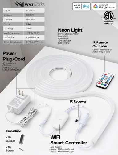 Vista 6 de Tira de luz LED de neón RGB de 16.4 pies que cambia de color, aplicación + control remoto, iluminación de diseño impermeable personalizable