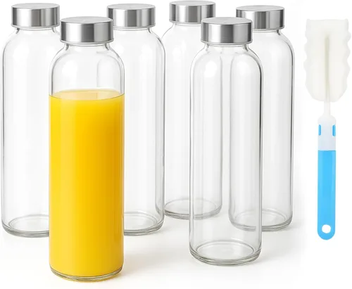 Vista 12 de Sursip Botellas de agua de vidrio de 18 onzas con tapas, botellas de jugo, botella de jugo de vidrio transparente para exprimir, botellas de jugo