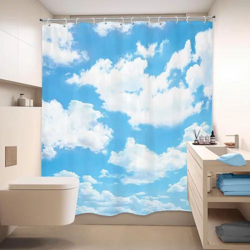 Vista 4 de Cortina de ducha con fondo de cielo azul, 72 x 72 pulgadas, paisaje natural, tela impermeable, poliéster, decoración de bañera, paquete de 12