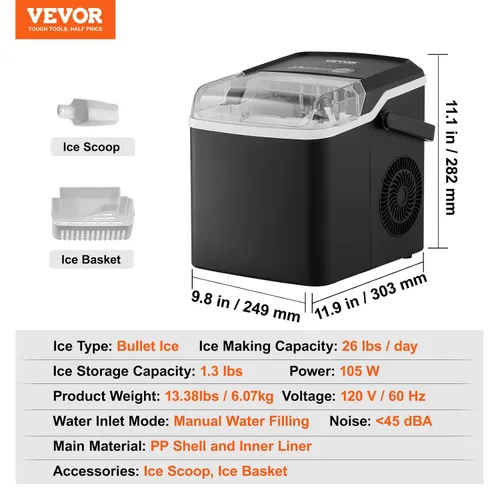 Vista 8 de VEVOR Máquina de hielo para encimera, 26 libras en 24 horas, 9 cubos listos en 7 minutos, máquina de hielo autolimpiante con cuchara y cesta