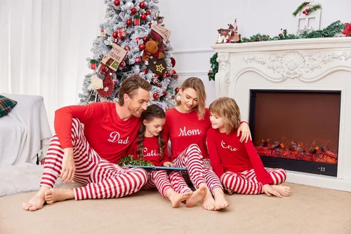 Vista 2 de Ekouaer Conjunto de pijamas familiares de Navidad a juego de manga larga para parejas, pijamas navideñas para mujeres, hombres, niños y niñas