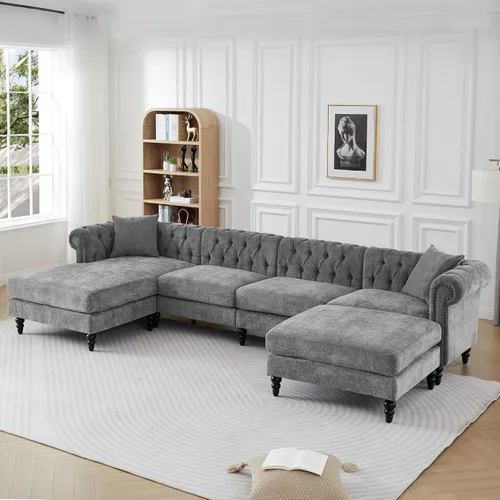 Vista 7 de ORRD Sofá Chesterfield en Forma de U, Sofá Seccional de Lino de Gran Tamaño, Sofá Chaise Otomano Tapizado con Acentos Capitoné con Reposabrazos