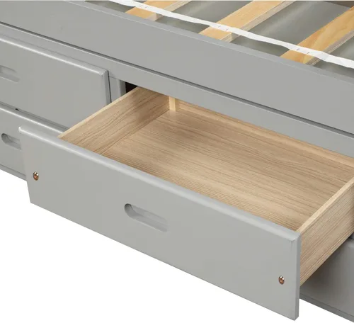 Vista 7 de Cama de almacenamiento de plataforma de tamaño individual, sofá cama individual de madera maciza con 6 cajones de almacenamiento, gris