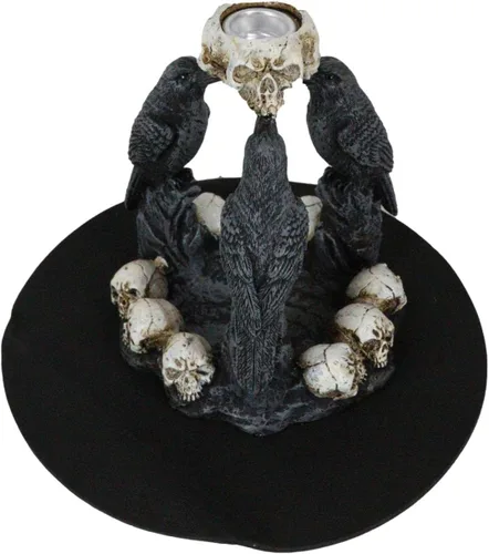 Vista 4 de Ebros Gift Gótico Macabre Quoth The Raven Nevermore Trio 3 Ravens with Skulls Backflow Incienso Cono Quoth Figurine Ravens Crows Wicca Brujería