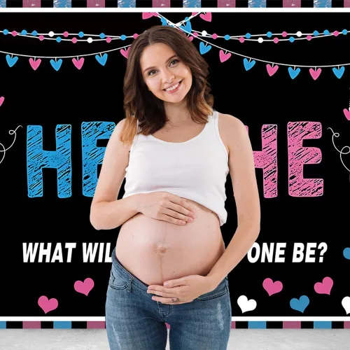 Vista 3 de MHLSWY - Cartel de poliéster para revelación de género de 5 x 3 pies, color azul y rosa, para niños, niñas, baby shower, telón de fondo para fiesta