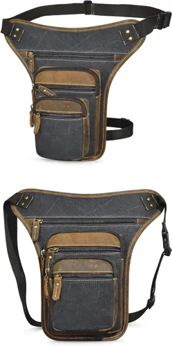 Vista 2 de Handadsume Riñonera de lona resistente al agua + cuero para motocicleta, riñonera, bolsa de pierna para muslo, para hombres y mujeres, FB913-5