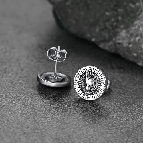 Vista 9 de FaithHeart Aretes de tuerca vikingos nórdicos para hombres y mujeres, de acero inoxidable, con diseño de valknutbrújulanudo celtacabeza de lobo
