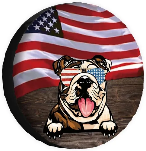 Vista 13 de Cubierta de neumático de repuesto para perro salchicha con gafas de sol con bandera de Estados Unidos, fundas protectoras de ruedas a prueba