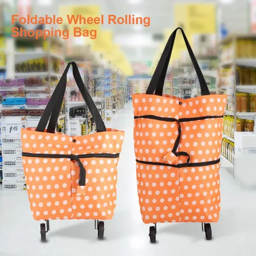Vista 2 de Bolsa de compras, tela Oxford, bolsas de compras reutilizables con ruedas enrollables de doble propósito plegable para tienda (12-naranja)