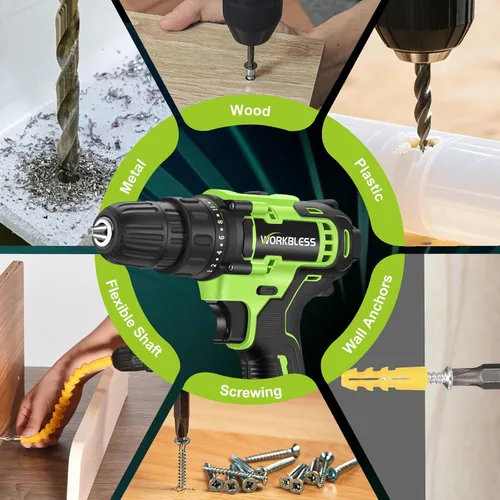 Vista 8 de WORKBLESS Juego de Taladro Eléctrico de 21V, Taladro Inalámbrico con Batería y Cargador, Portabrocas sin Llave de 3/8'', Velocidad Variable