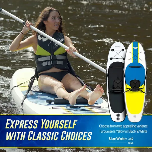 Vista 8 de Blue Water Toys Kit de tabla de remo inflable Crossover de pie o kayak: bomba, mochila, correa de bobina, paletas, asiento desmontable, límite