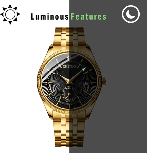 Vista 5 de JewelryWe Relojes de lujo para parejas hombres y mujeres, tono dorado y plateado, reloj de pulsera de acero inoxidable con calendario de cuarzo