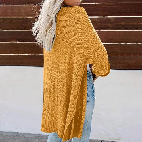 Vista 4 de Cárdigan de punto de color sólido de longitud media para mujer, suéter casual de manga larga, suelto, moderno blusa de gasa con frente abierto