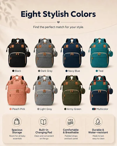 Vista 9 de houscly Mochila para pañales con cambiador: bolsas de bebé de viaje negras para niñas y niños, pañaleras para bebe, artículos esenciales para recién