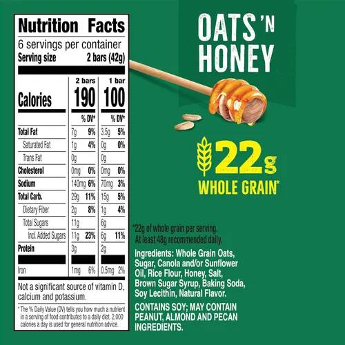 Vista 2 de Nature Valley Barras de granola crujientes, avena y miel, 12 unidades, 8.94 oz (6 bolsas) Avena integral con miel real, 0.78 oz de grano entero