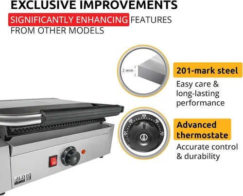 Vista 4 de ALDKitchen Panini Sandwich Press Grill Durable Stainless Steel Construction 110V (Ribbed 9" x 14")