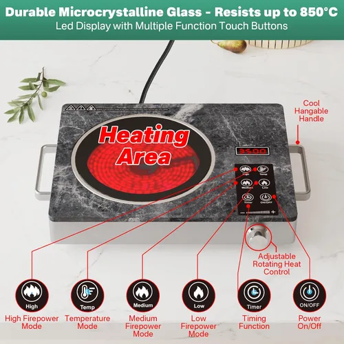 Vista 3 de 3500W Single Ceramic Hob with Marble Finish, Portable Infrared Hot Plate with Rotary Control, Safety Lock & Timer, Electric Cooker Compatible with