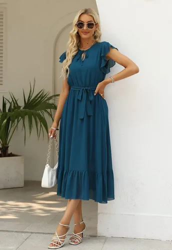 Vista 6 de NAVINS NA1009 - Vestido casual de gasa con cuello en V y mangas con volantes, dobladillo con volantes, largo y acampanado, con cinturón, para mujer