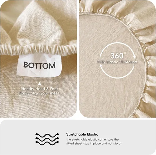 Vista 3 de MooMee Sábana bajera ajustable de solo 100% algodón lavado con textura parecida al lino, transpirable, duradera, suave, cómoda, bolsillo profundo