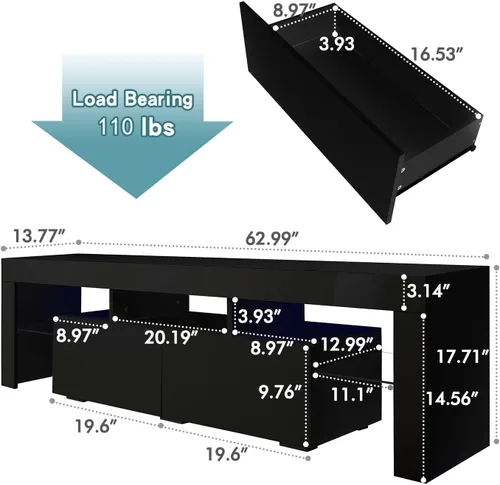 Vista 3 de Soporte de TV negro con 2 estantes de almacenamiento y 3 estantes abiertos, TV LED de alto brillo, centro de entretenimiento de TV, consola de TV