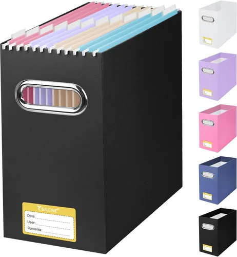 Vista 30 de BALEINE Caja organizadora de archivos, organizador de carpetas de archivos de cartón con asa para tamaño carta, caja de archivos plegable portátil