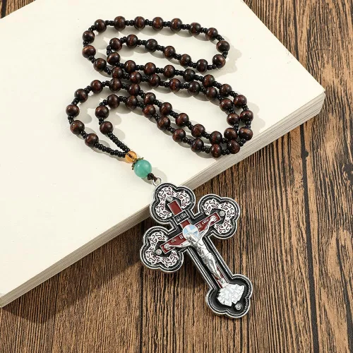 Vista 5 de rongji jewelry Collar con colgante de cruz religiosa vintage, colgante de cruz bautismal ortodoxa con cadena de cuentas para aliviar la ansiedad