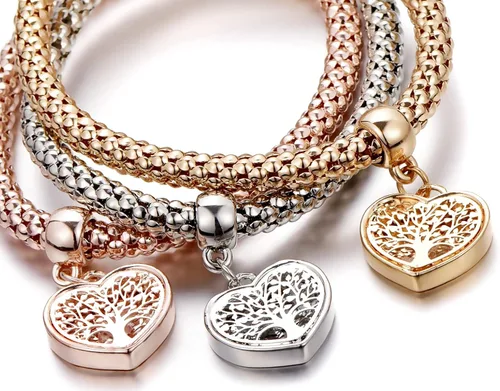 Vista 6 de SILANER Pulseras multicapa con dijes de cristal, 3 unidades, oro y plata, oro rosa, pulsera elástica en forma de corazón para mujer, árbol de la vida