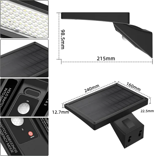 Vista 4 de Lámpara de pared solar para exteriores, 1050 lm IP65 impermeable tipo 2, lente óptica 104 LED, 3 modos de iluminación, luz de pared con sensor