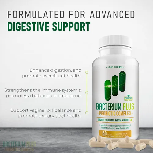 Vista 2 de Bacterium Plus, producto natural, cápsulas vegetarianas, bienestar general, 60 unidades, paquete de 1