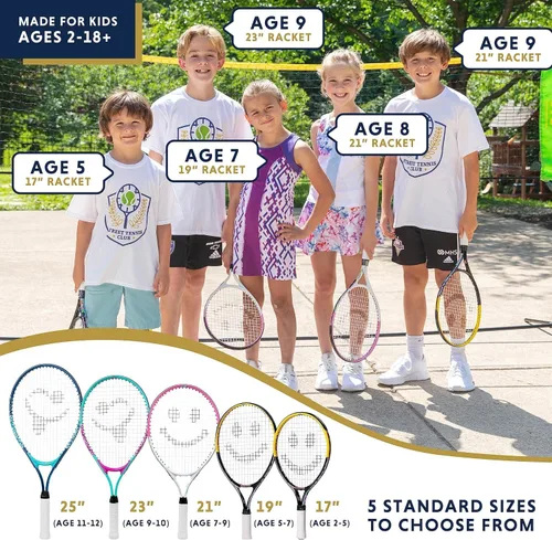 Vista 2 de Raqueta de tenis para niños con videos de entrenamiento – Raqueta de tenis juvenil de aluminio con mango de neopreno para niños de 5 a 12 años