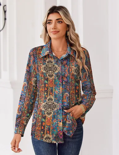 Vista 5 de Zeagoo Blusa para mujer, de manga larga, con botones, casual, ligera, lisa/estampada