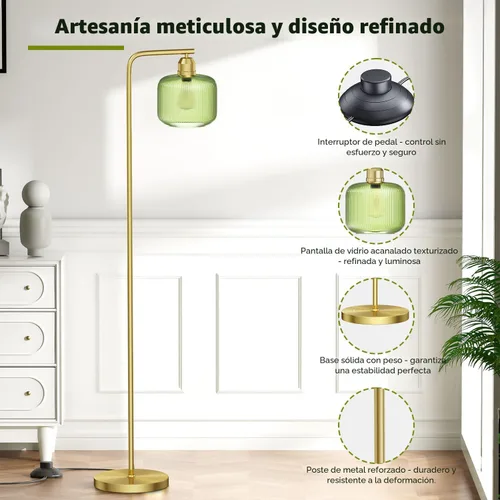 Vista 3 de Lámpara de pie de cristal para sala de estar, moderna lámpara de pie con pantalla de vidrio acanalado verde e interruptor de pedal, lámpara de pie