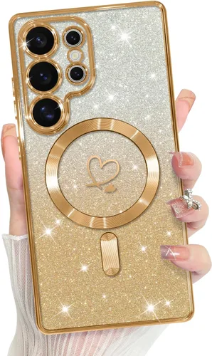 Vista 755 de Bonoma - Funda compatible con Samsung Galaxy S21 Plus, diseño de corazón con purpurina, color rosa Support for MagSafe, Plating Magnetic Case TPU