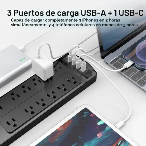Vista 4 de ALESTOR - Regleta de enchufes con protector contra sobretensiones, 12 tomas de corriente y 4 puertos USB, cable de extensión de 6 pies