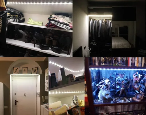 Vista 7 de Luz de armario con sensor de movimiento, tira de luces LED para armario, encendido y apagado automático PIR, funciona con pilas, 6000 K blanco
