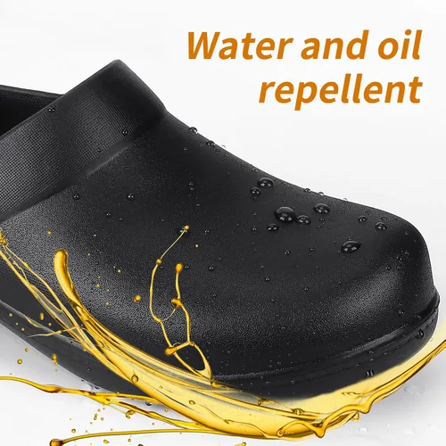 Vista 5 de Zapatos unisex antideslizantes para servicio de alimentos, impermeables, resistentes al aceite, zuecos de trabajo de cocina, cómodos zapatos
