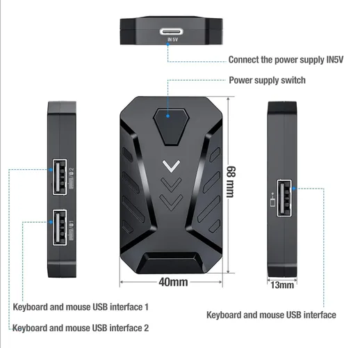 Vista 3 de Ratón con teclado para juegos con una sola mano, mouse con teclado para juegos con cable con adaptador convertidor para Android, iOS - Conexión BT