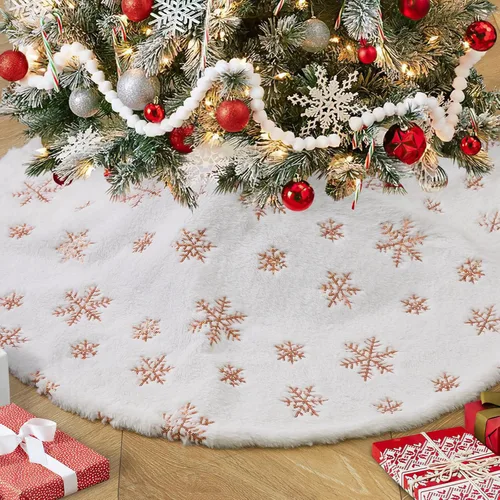 Vista 16 de Falda de árbol de copos de nieve de oro rosa de 24 pulgadas, faldas de árbol de piel sintética blanca, mini faldas de árbol de Navidad, tapete